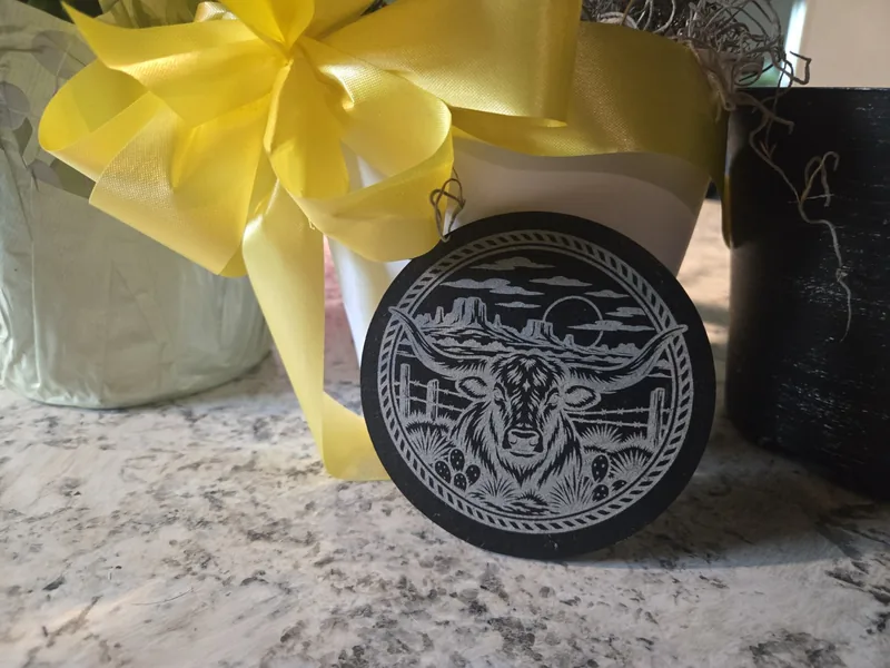 Black slate coaster laser engraved with a Highland cow in a western landscape