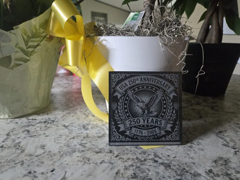 Square black slate coaster engraved with an eagle and USA 250th Anniversary 1776–2026 design