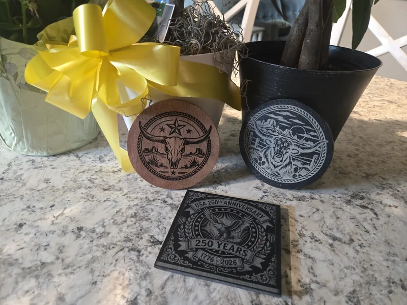 Western engraved coaster collection with longhorn, Highland cow and USA 250th anniversary designs